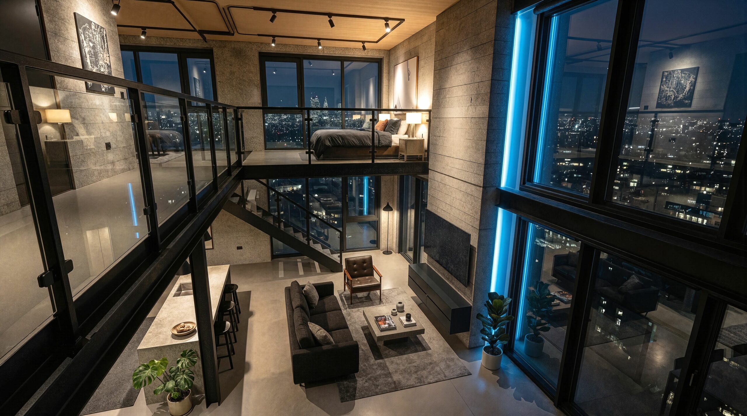 A two-level loft with black steel, concrete and a city view