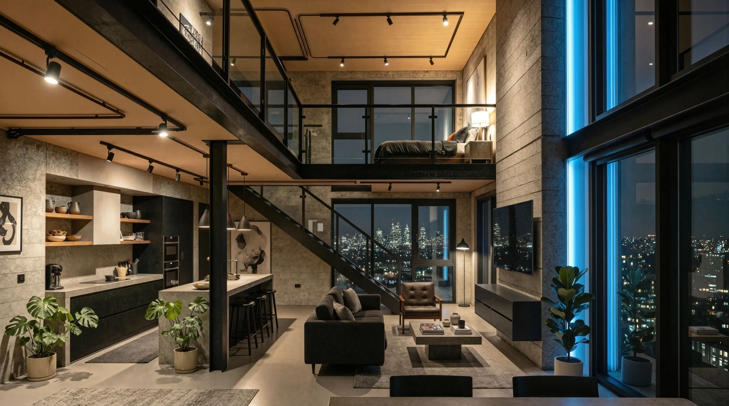 Loft — two-level apartment with concrete, black steel and city views