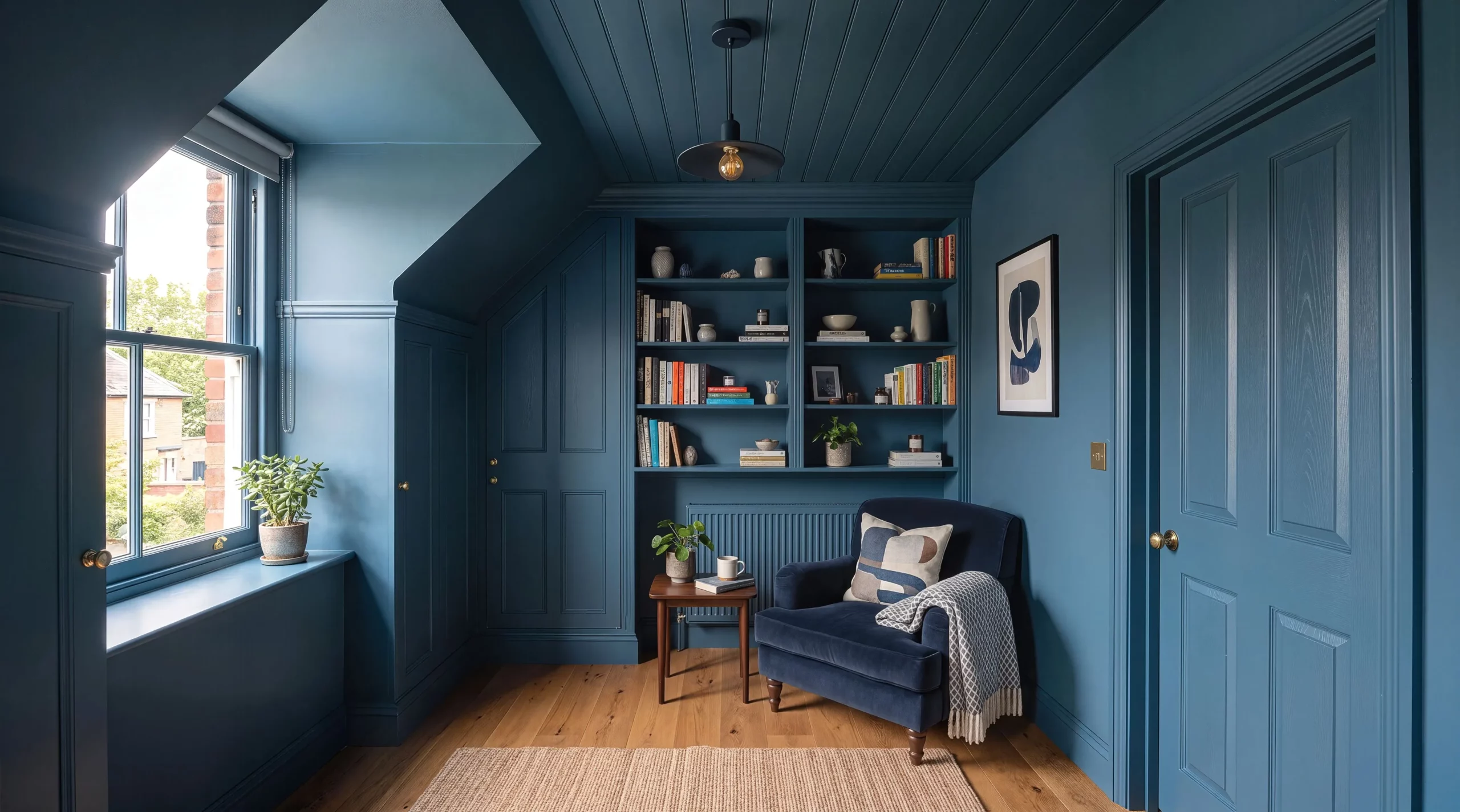 Navy — A small room painted entirely in one color — cabinetry and radiator included.