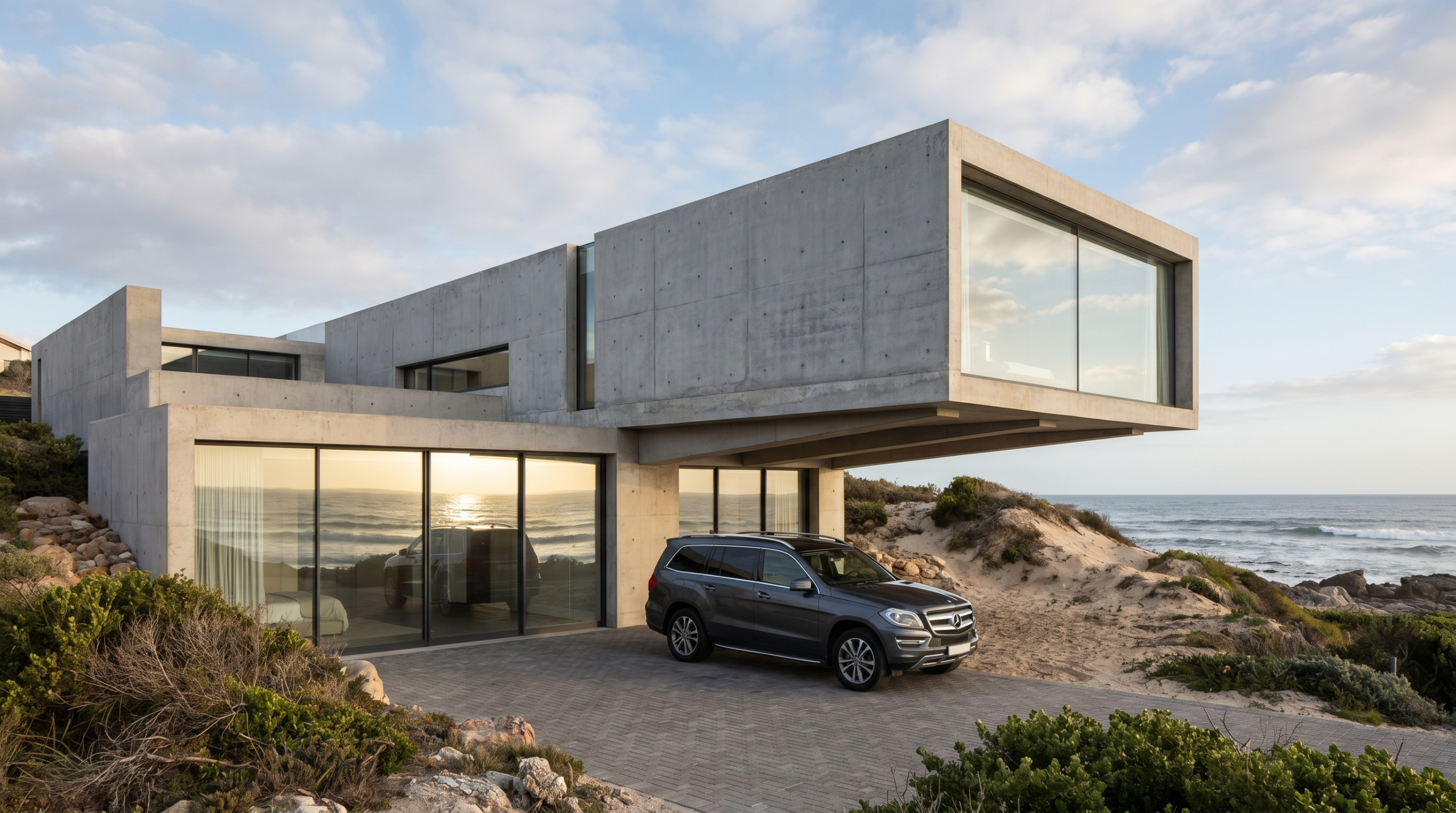 A cantilevered concrete house on a coastal dune, its upper volume framing the sea
