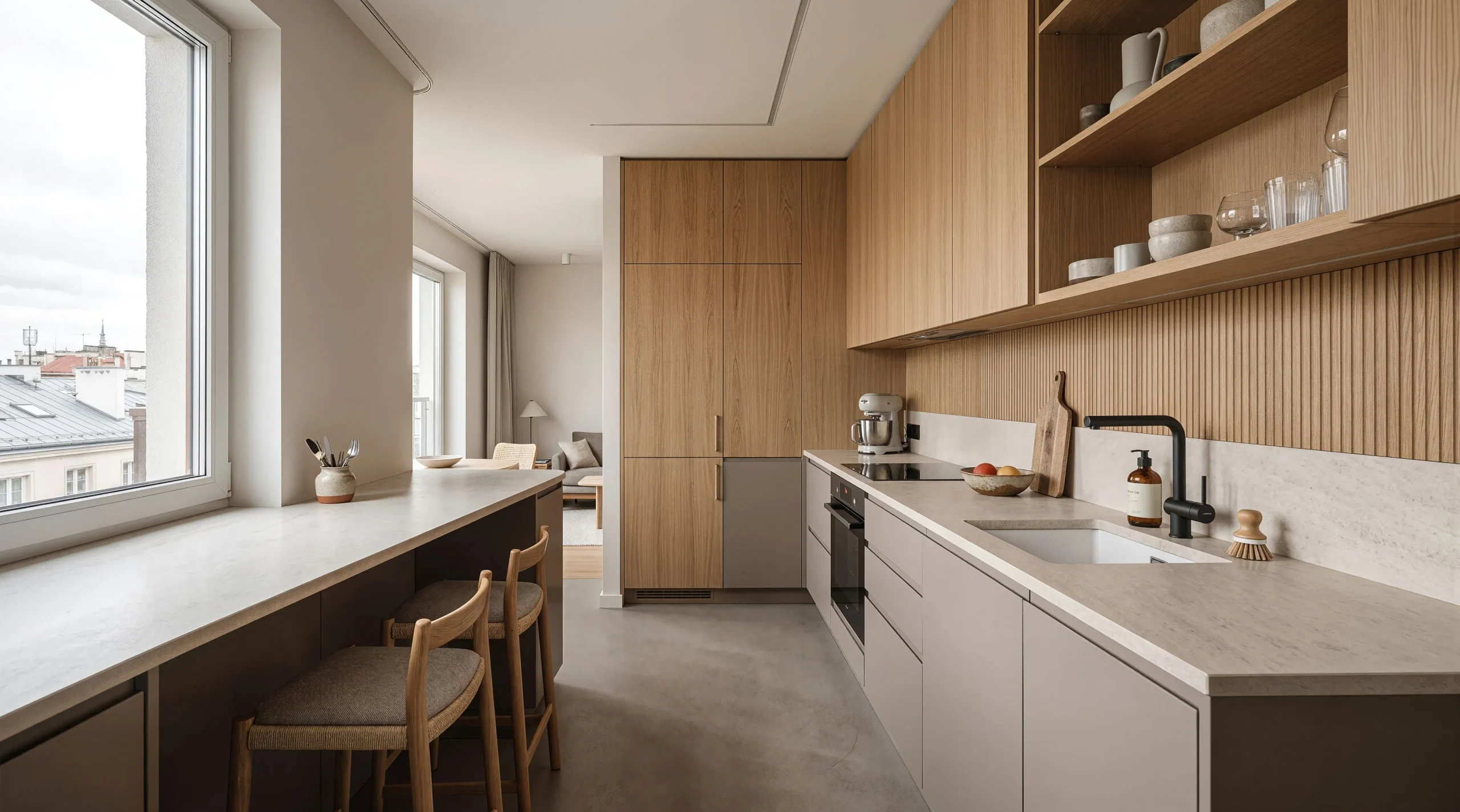 Tenement — A kitchen in an old building. A long countertop under the window instead of a table, and a view over the rooftops.