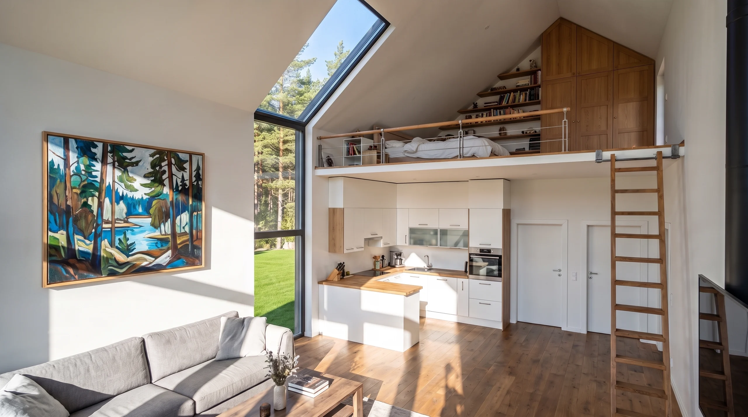Pitch House — open interior with a sleeping loft and roof window