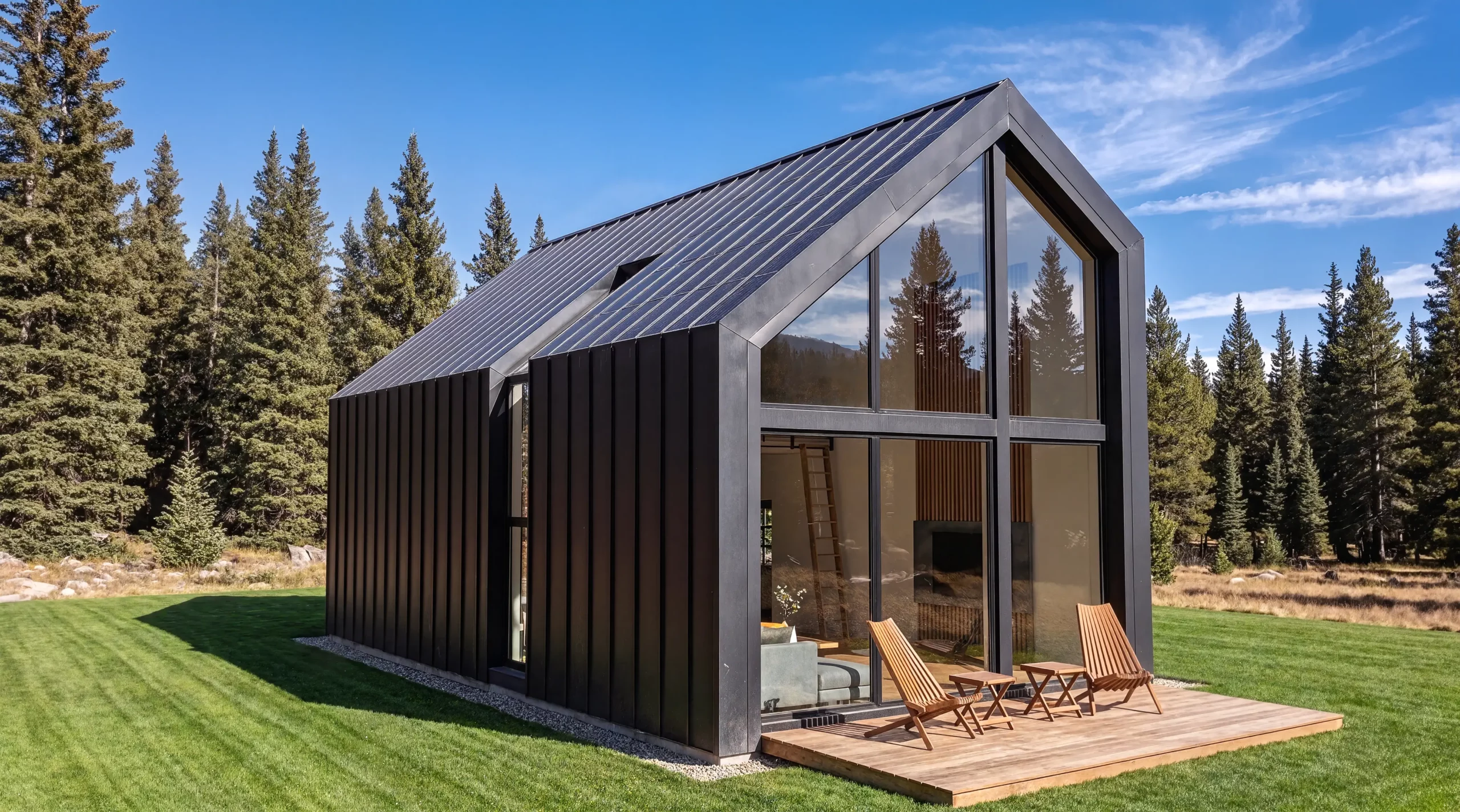 A small black barn house in standing-seam metal with a glazed gable and a timber deck among pines