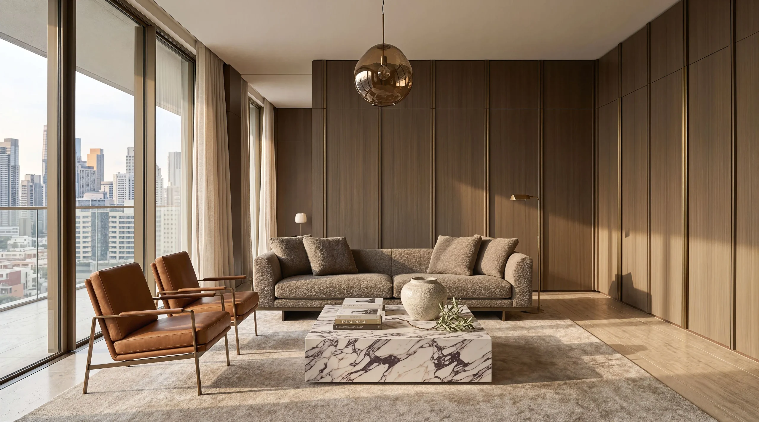 Above the City — An apartment high up. Warm timber and stone against the city panorama.