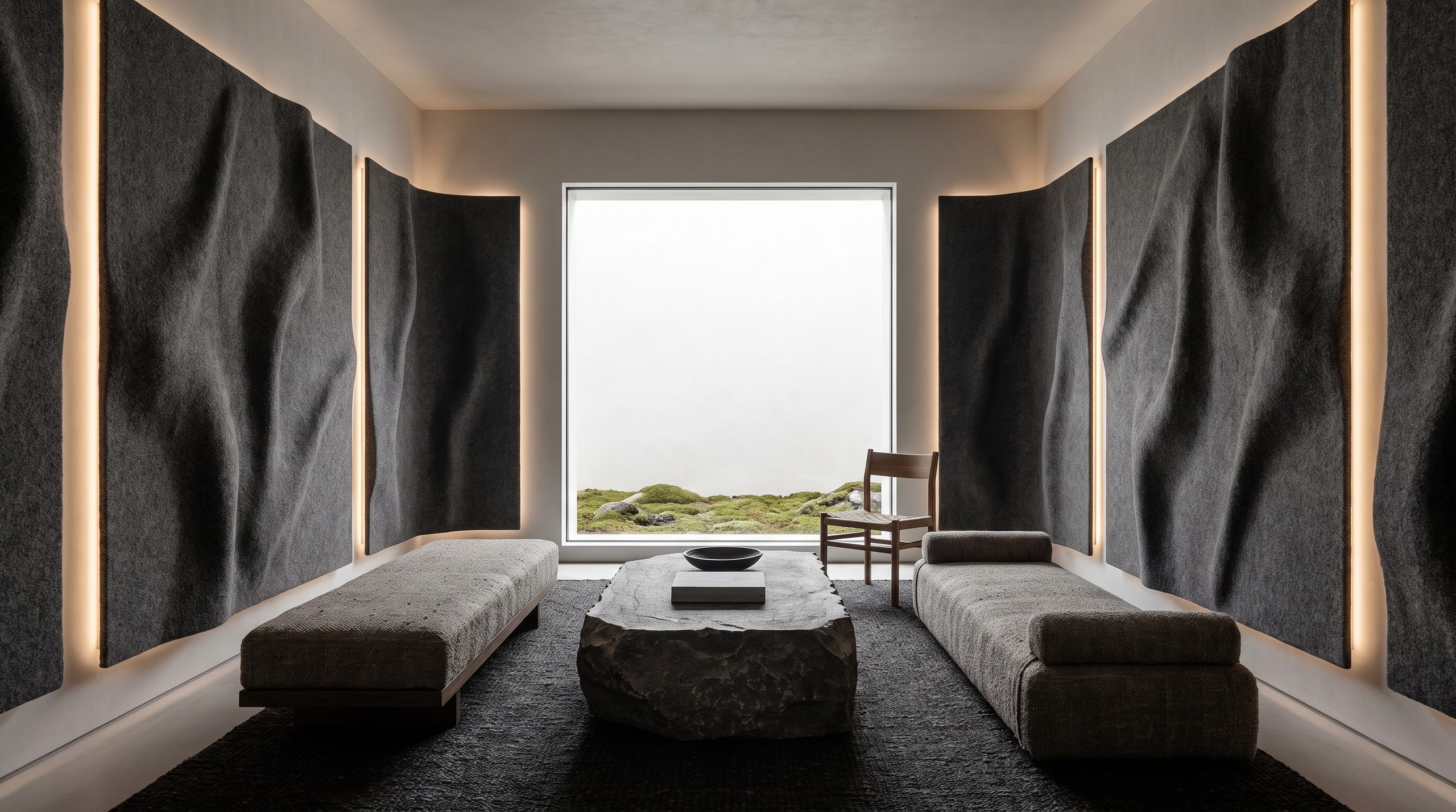 Techno Monastic — A room for nothing. Felt on every wall and one window onto moss.