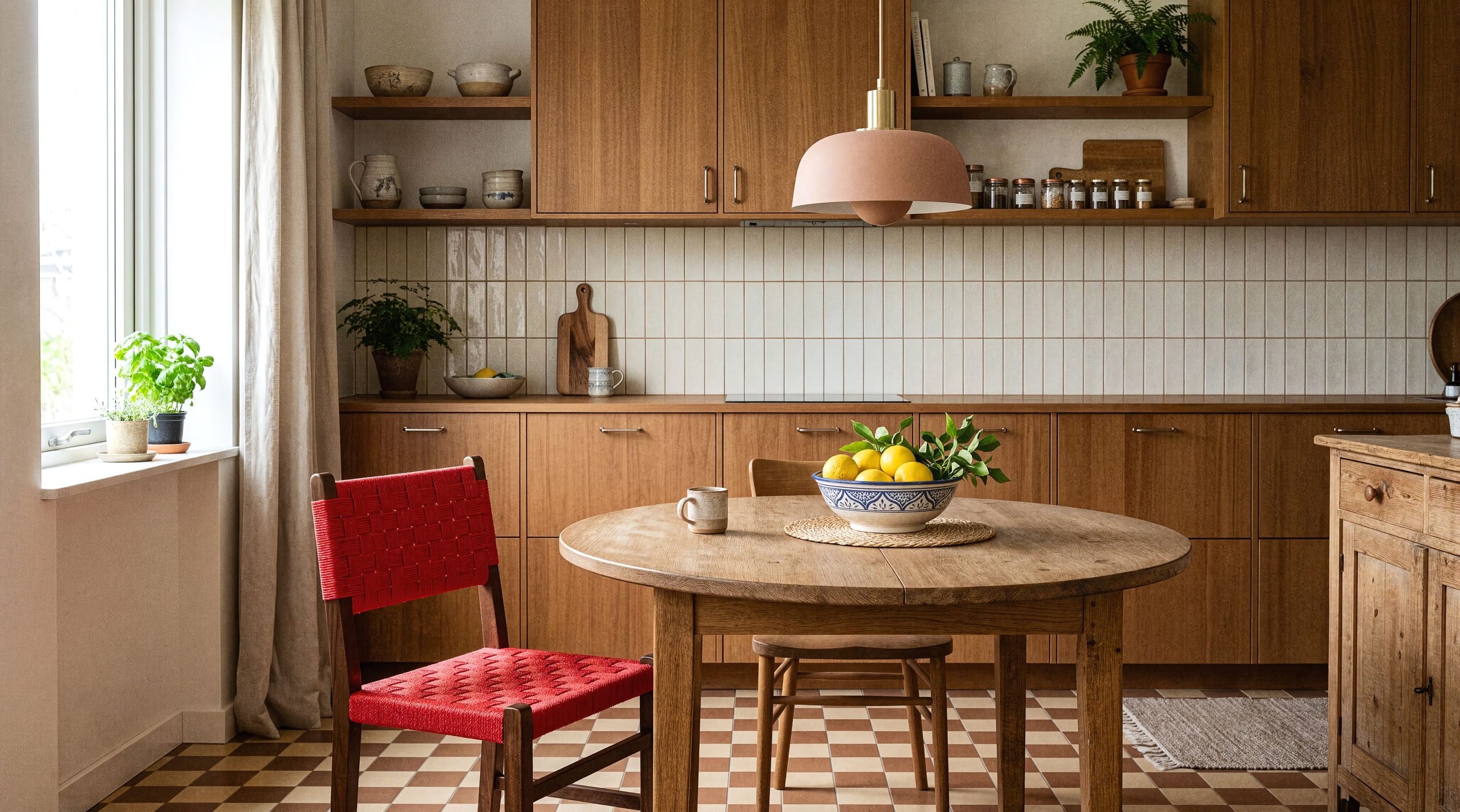 Panel Block — kitchen with a round table and a chequerboard floor