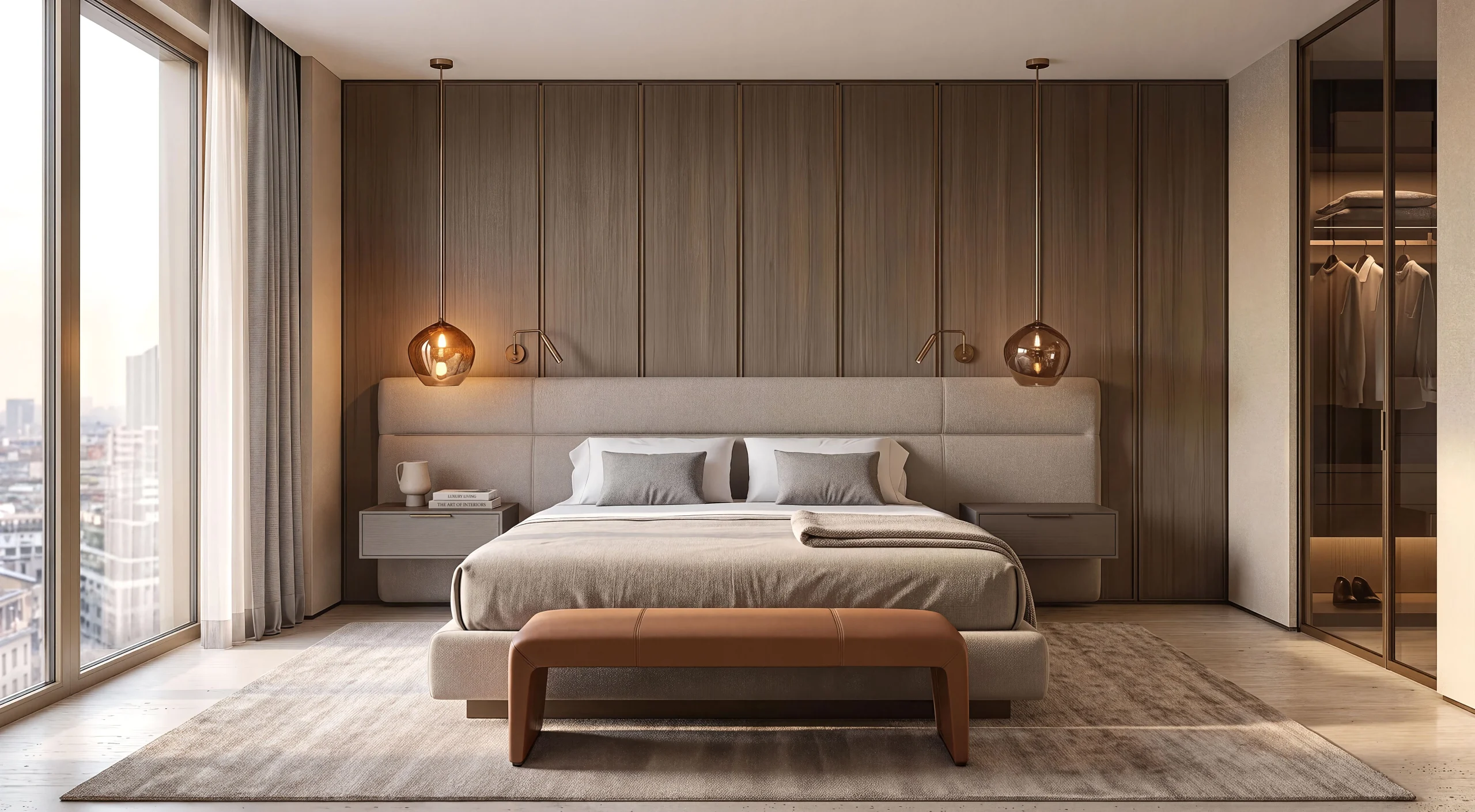 Above the City — bedroom with timber wall panels and floor-to-ceiling windows