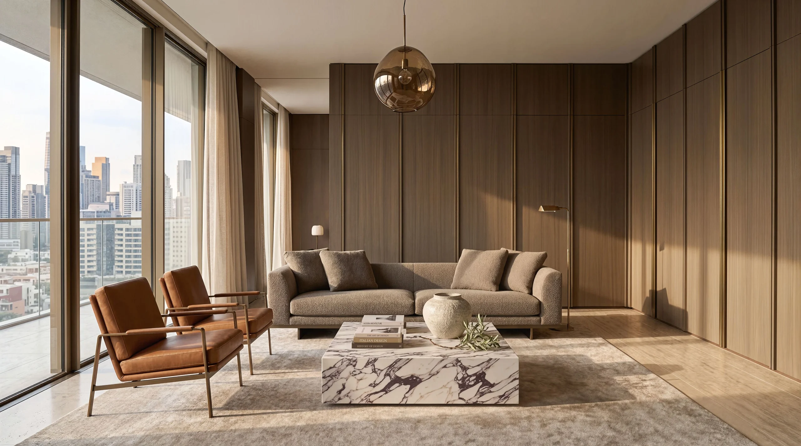 Above the City — high-rise living room in warm timber with city views