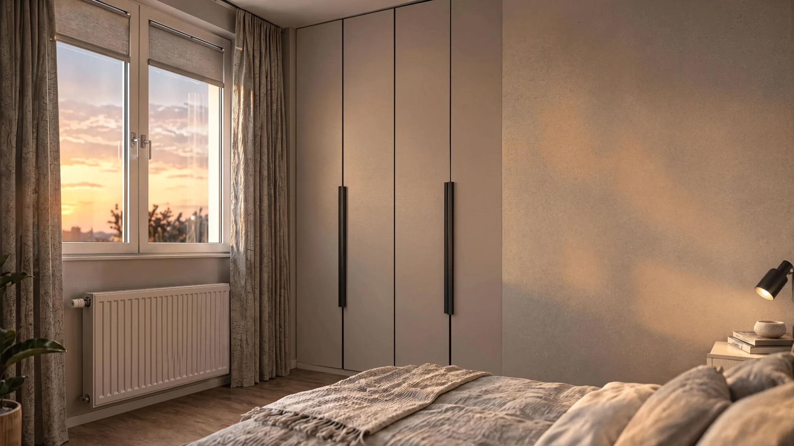 Twilight 36 — built-in wardrobe beside the bedroom window at dusk