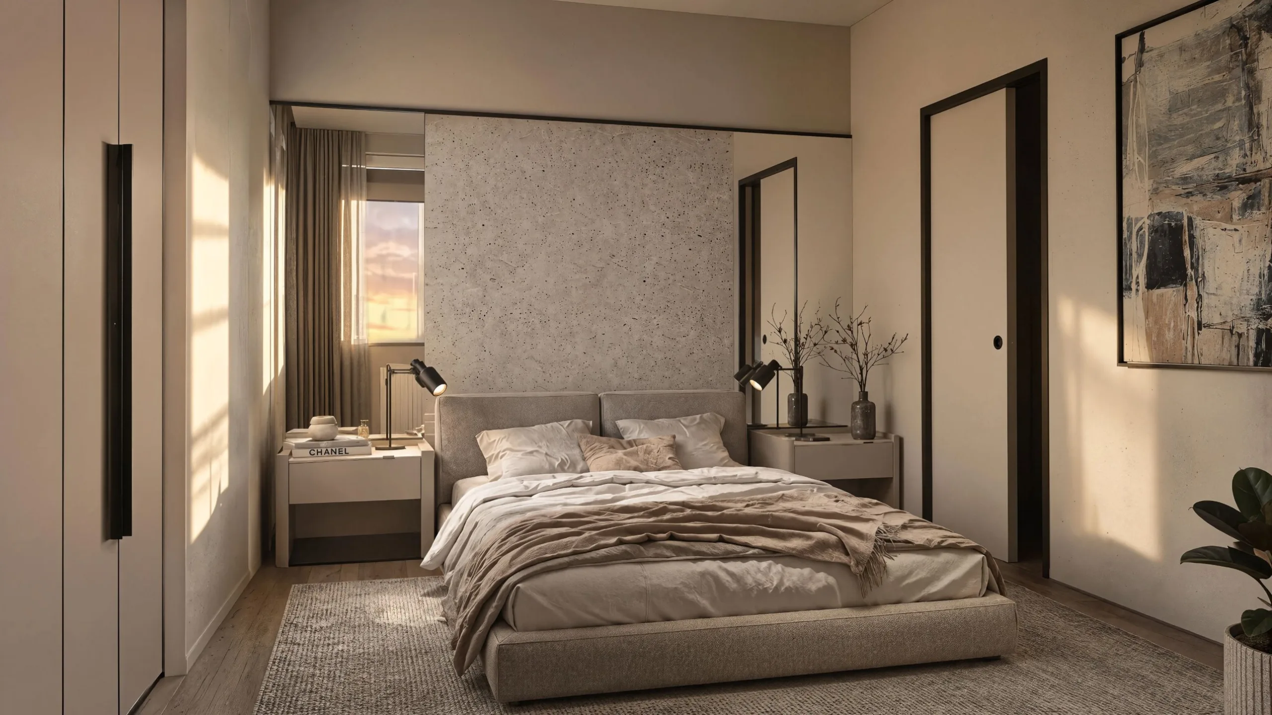 Twilight 36 — bedroom with a textured headboard wall in warm evening light