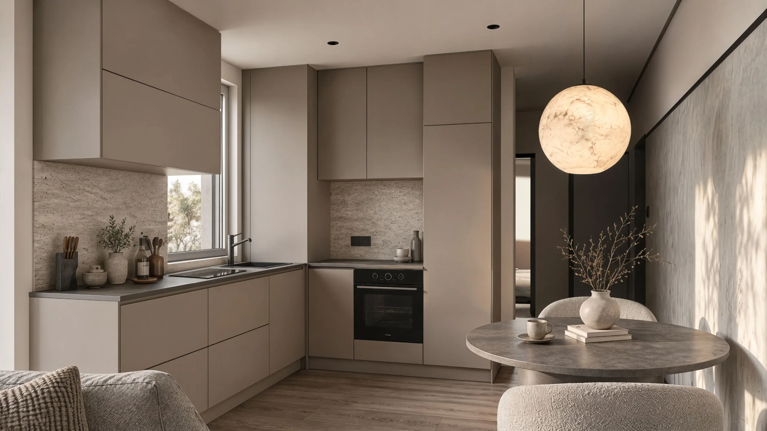 Twilight 36 — A 36 m² Japandi apartment. Warm taupe, stone and linen, planned around an existing floor and bathroom.