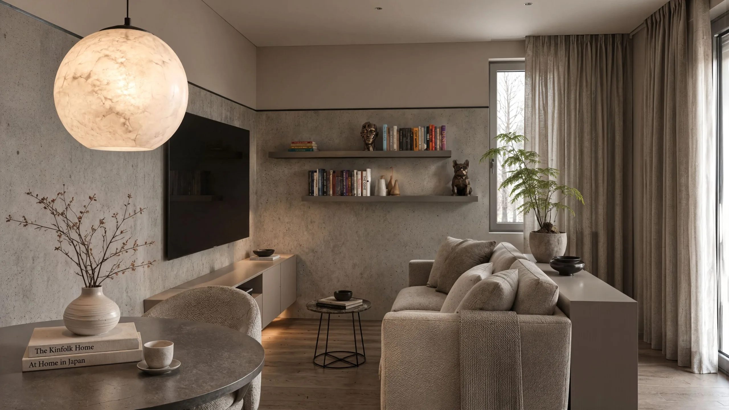 Twilight 36 — living room with an architectural concrete wall, floating shelves and a linen sofa